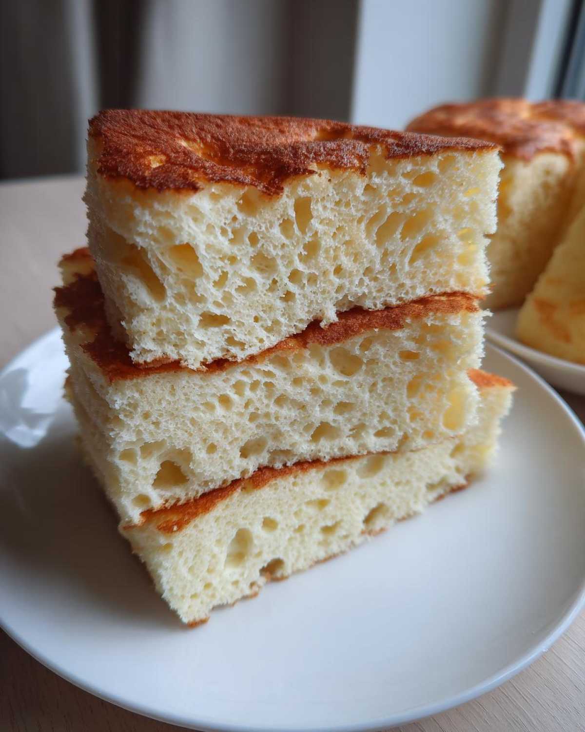 Close-up of three thick slices of extremely fluffy pancakes stacked, showing the airy, porous interior texture.