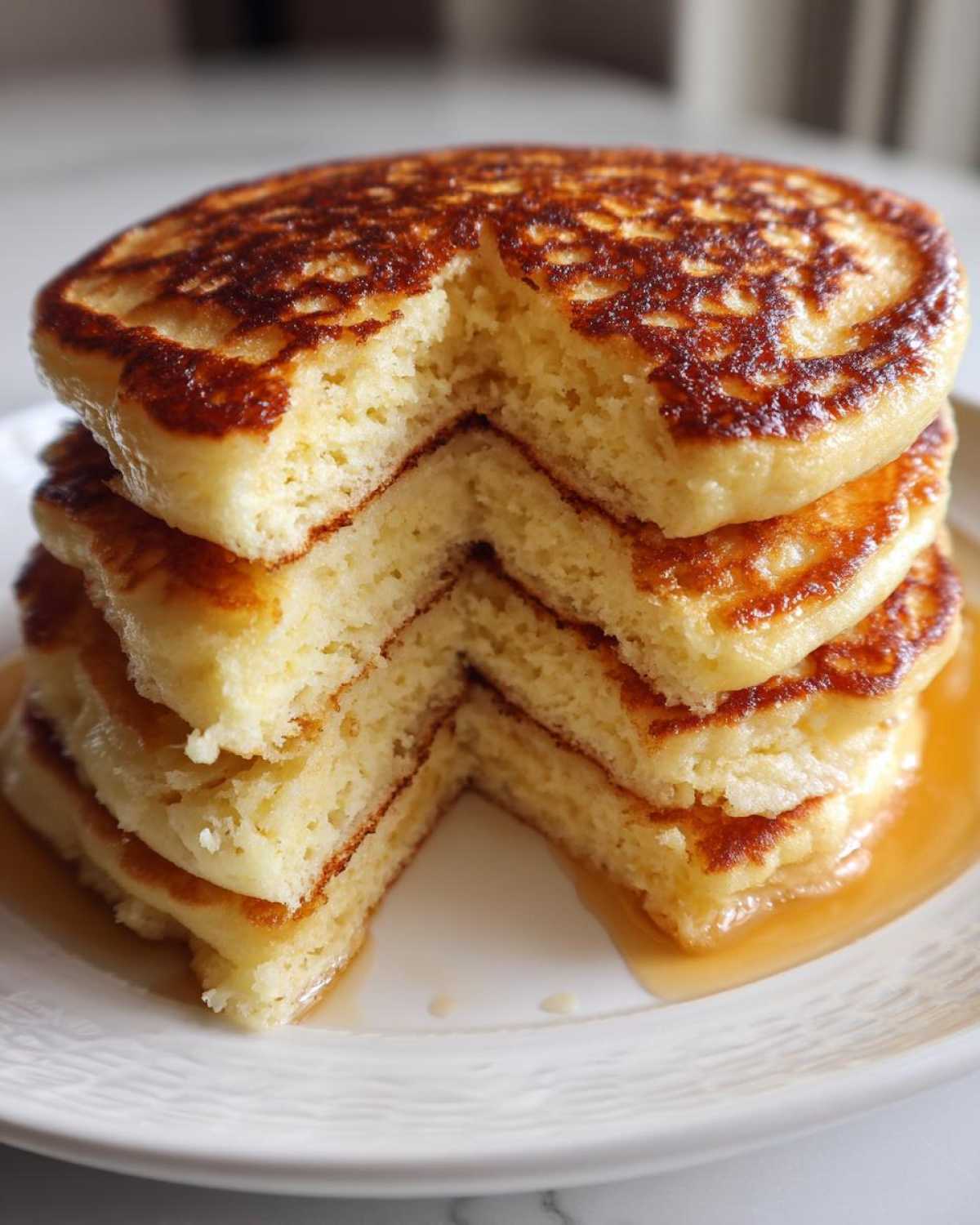 A tall stack of golden brown fluffy pancakes, cut to show the airy interior texture, drizzled with syrup.