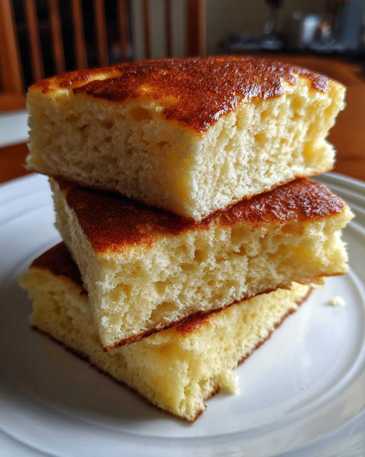 Close-up of three thick, square pieces of fluffy pancakes stacked on a white plate, showing their airy interior.