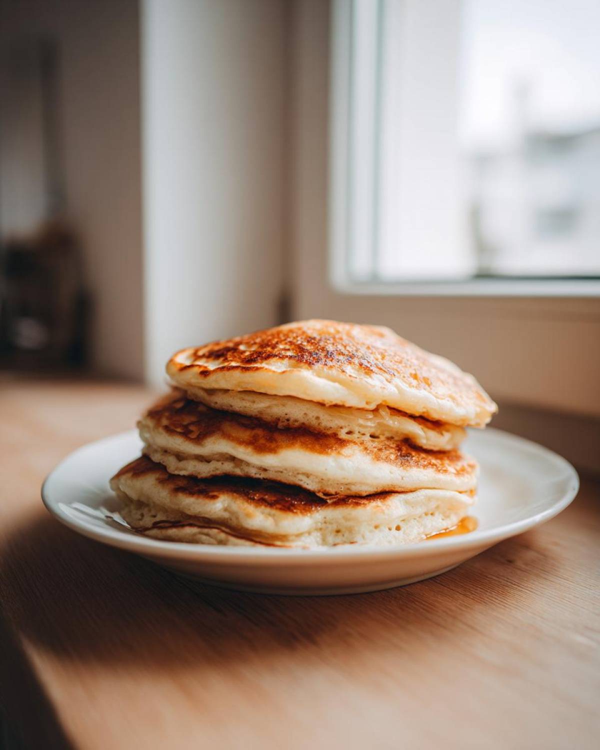 A stack of three fluffy sourdough pancakes with golden-brown edges served on a white plate.