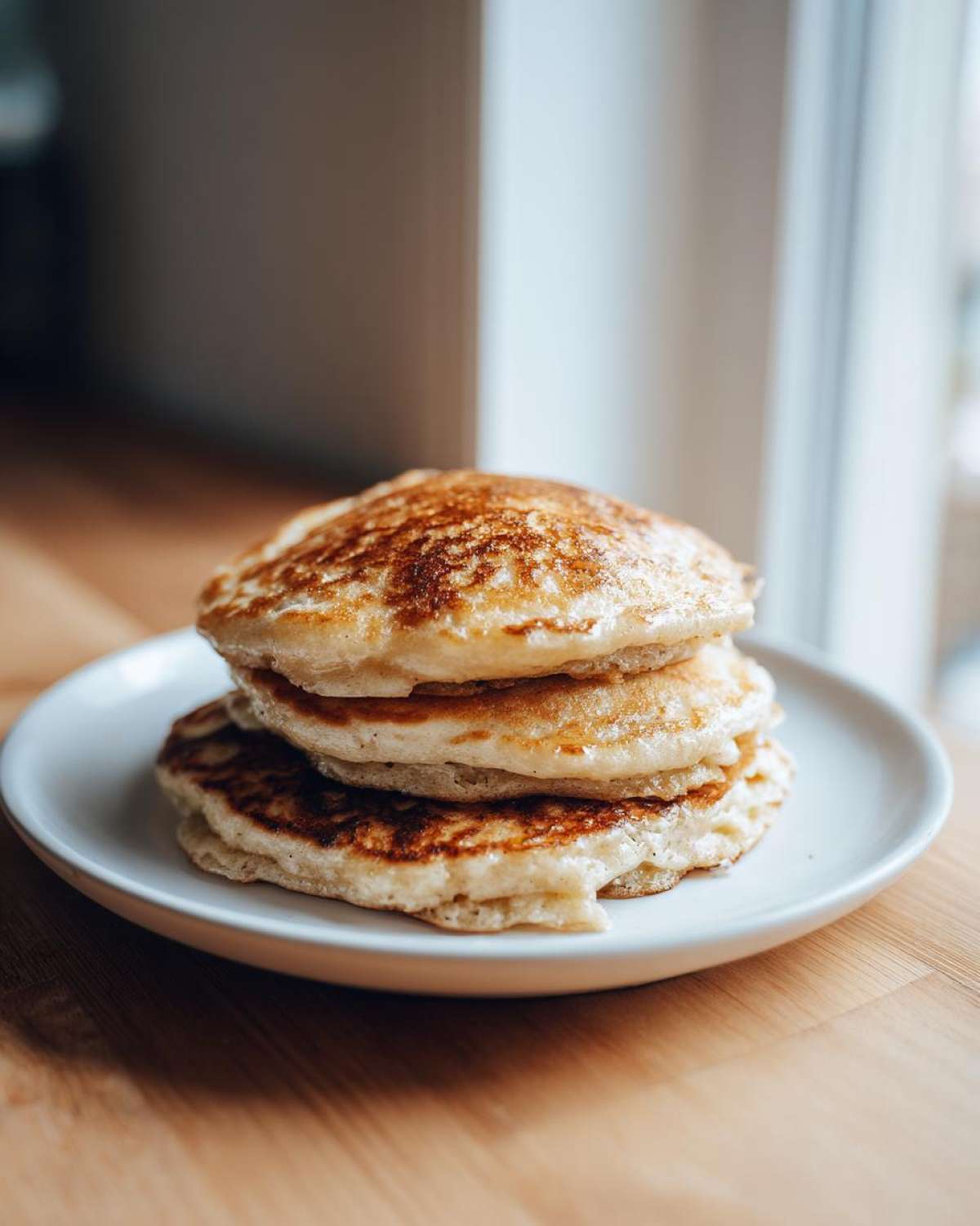 A stack of three golden-brown sourdough pancakes served on a white plate.