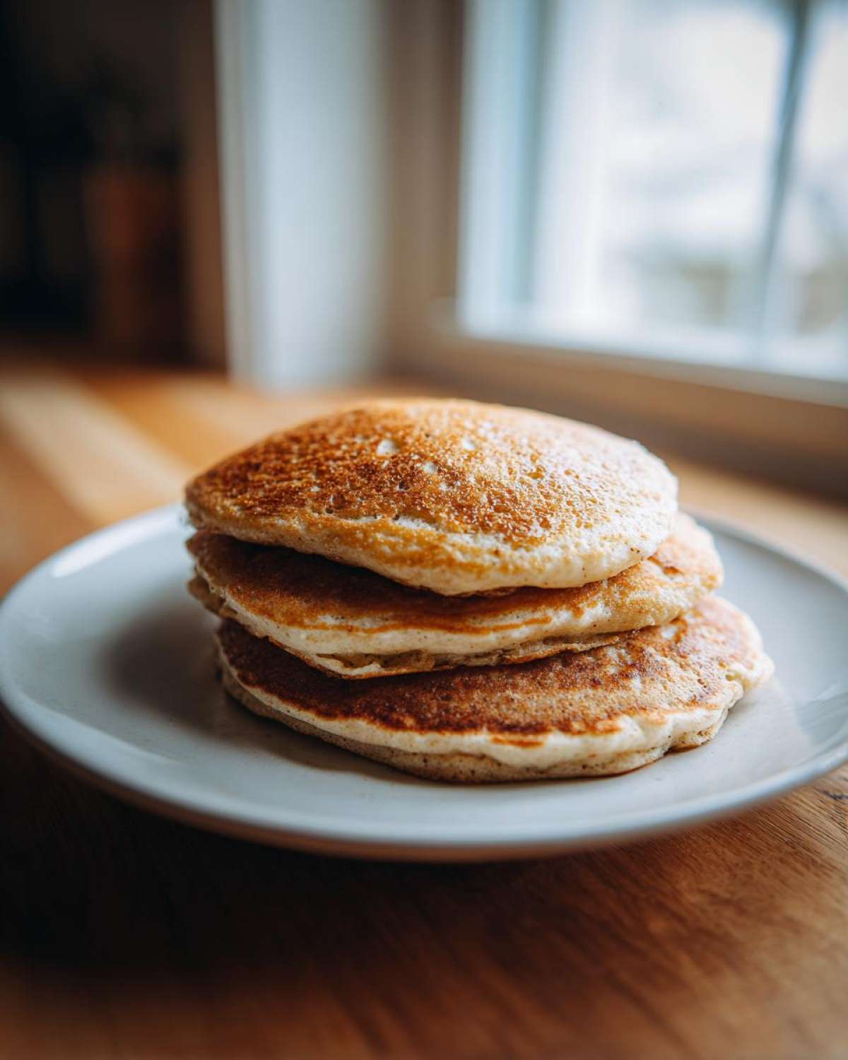 A close-up of a stack of three golden-brown sourdough pancakes sitting on a light-colored plate.