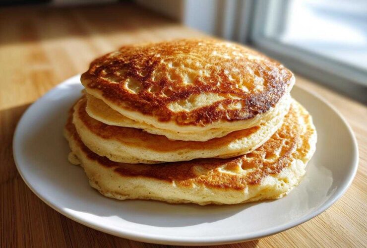 A perfect stack of three golden-brown sourdough pancakes on a white plate.