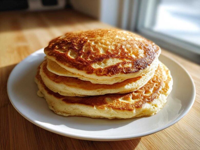 A perfect stack of three golden-brown sourdough pancakes on a white plate.