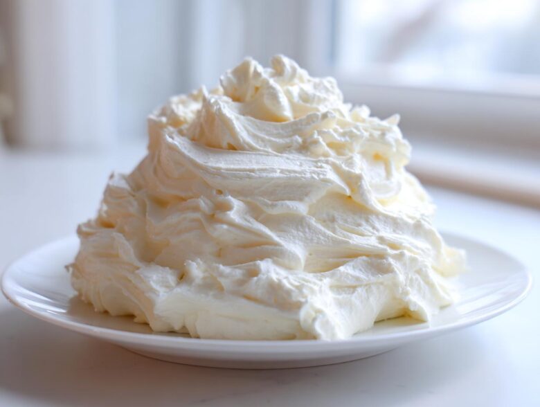 A generous mound of fluffy, perfectly piped vanilla buttercream frosting sitting on a small white plate.