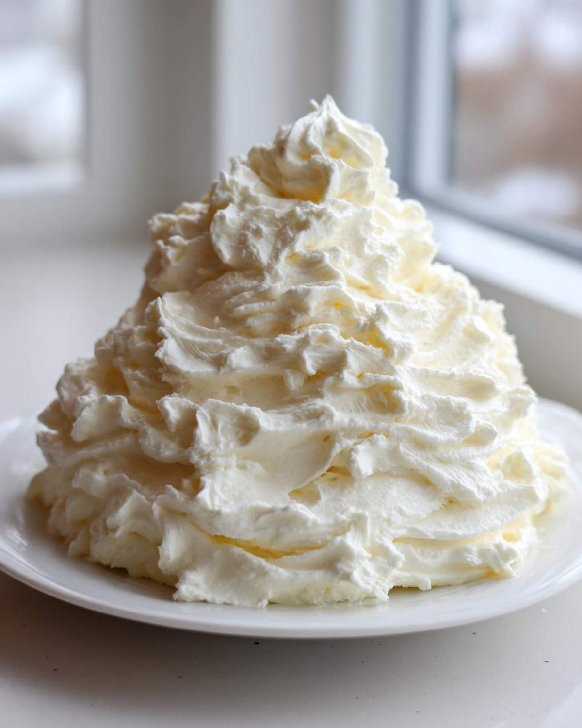 A large, peaked mound of creamy, white vanilla buttercream frosting piped onto a small white plate.