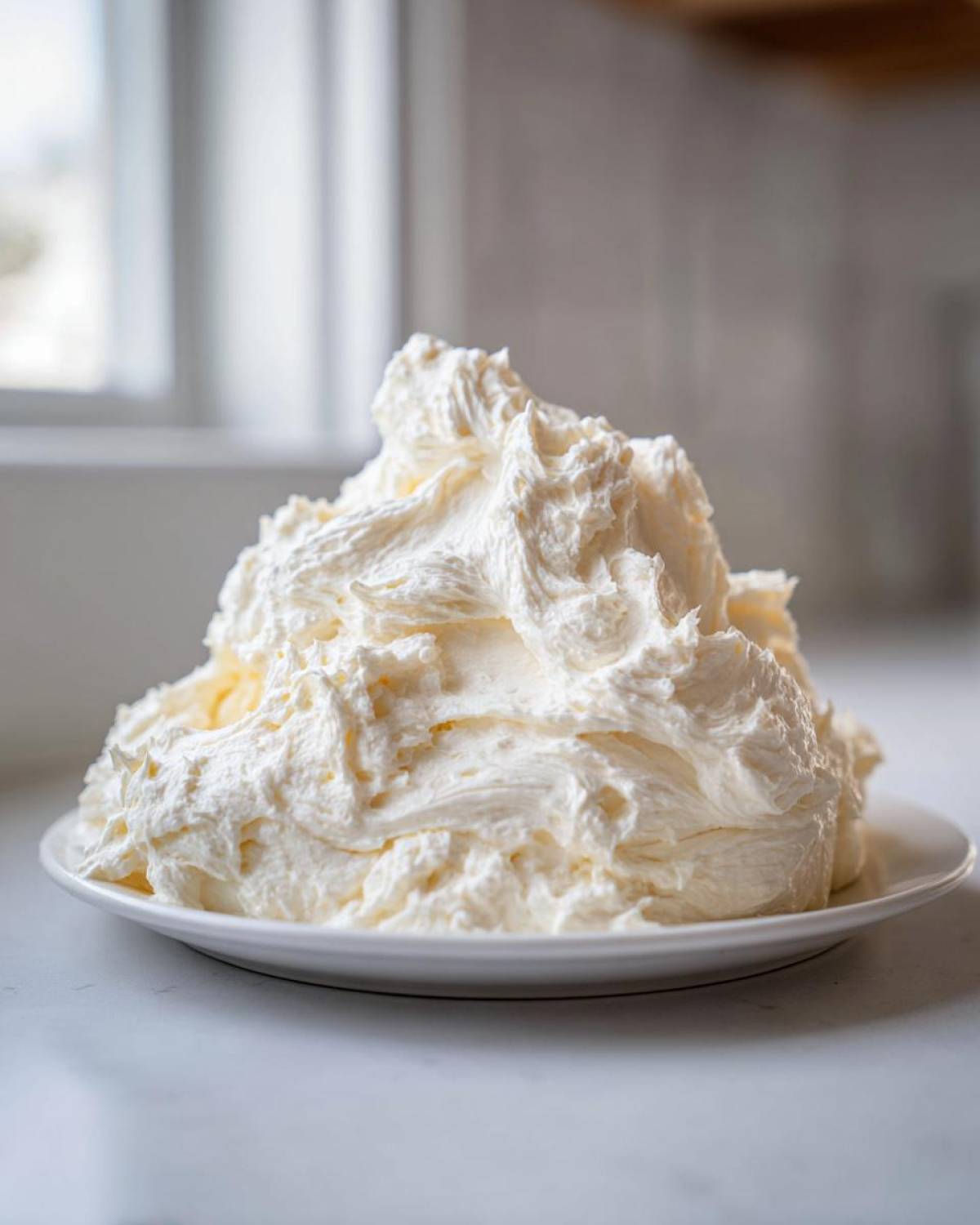 A large mound of freshly whipped, fluffy vanilla buttercream frosting piled high on a small white plate.