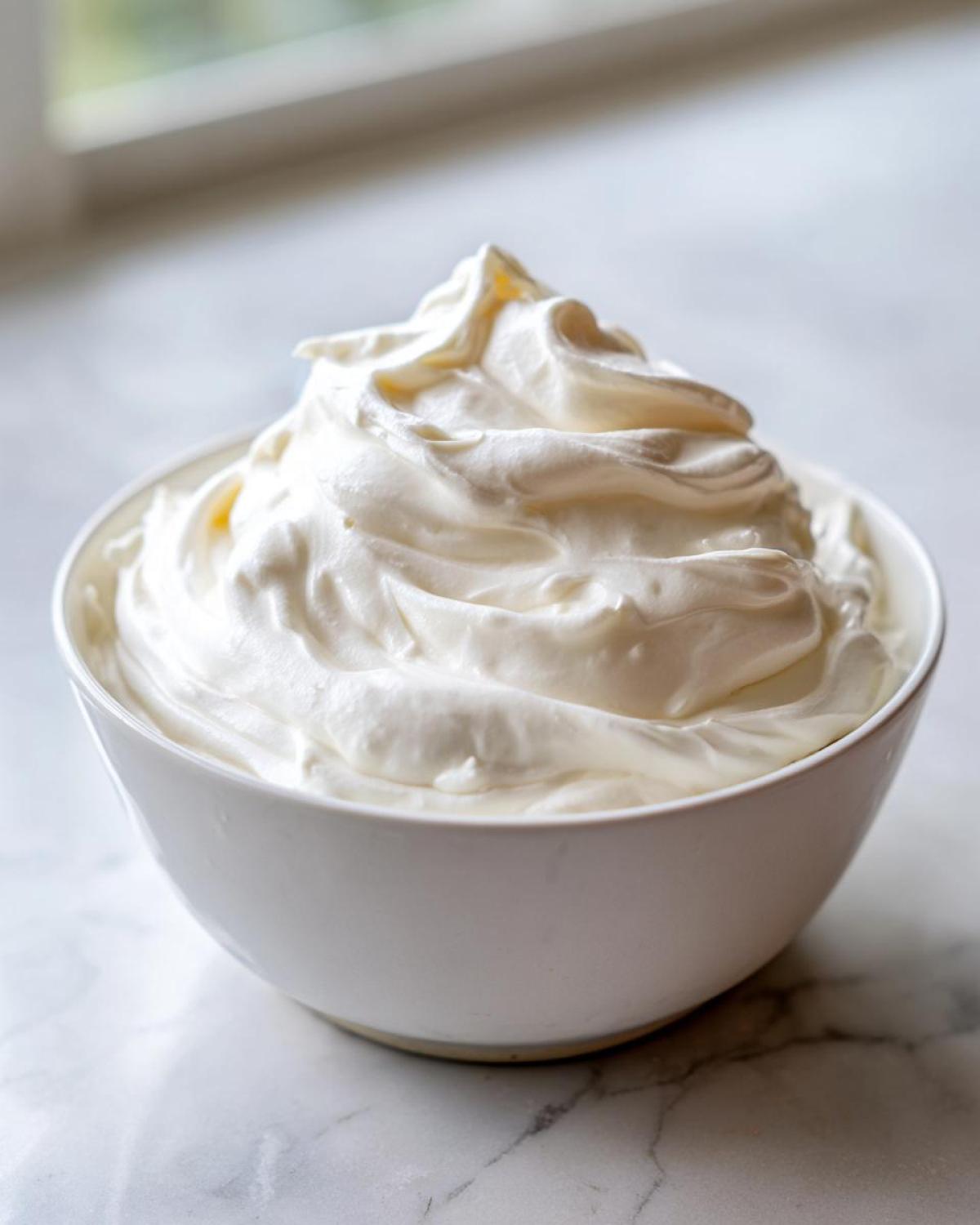 A white bowl filled with perfectly peaked, homemade fruit dip, resembling whipped cream.