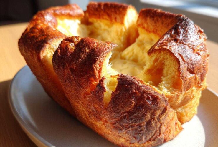 A golden brown, perfectly risen yorkshire pudding with a crisp exterior and soft interior, sitting on a light plate.