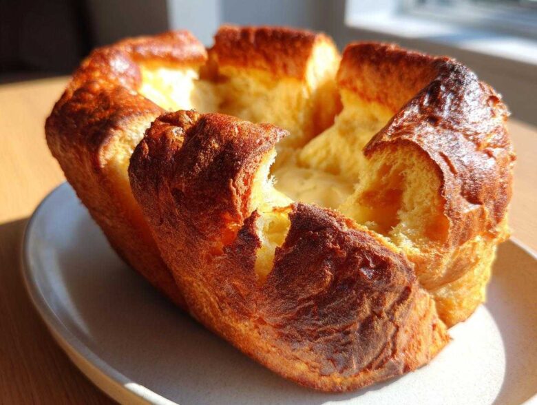 A golden brown, perfectly risen yorkshire pudding with a crisp exterior and soft interior, sitting on a light plate.