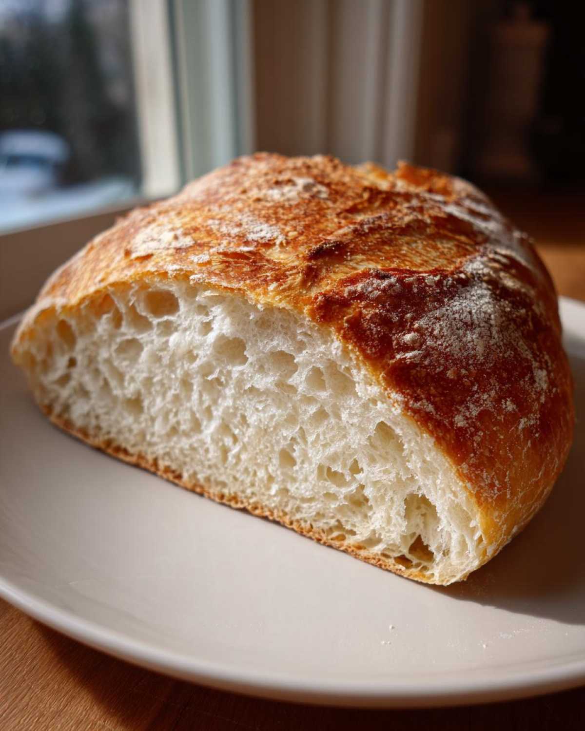 A close-up of a freshly baked french bread loaf, sliced open to show the airy, white interior crumb and golden crust.