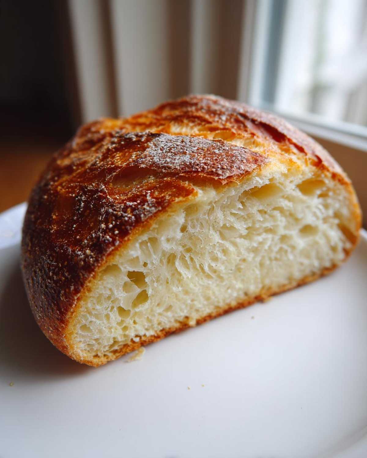 Close-up of a freshly baked french bread half showing the airy, open crumb structure and golden crust.