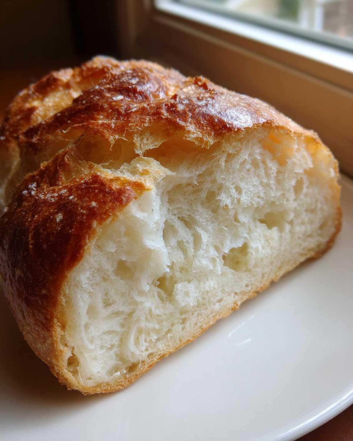 A close-up of a slice of homemade french bread showing its soft, airy interior and golden crust.