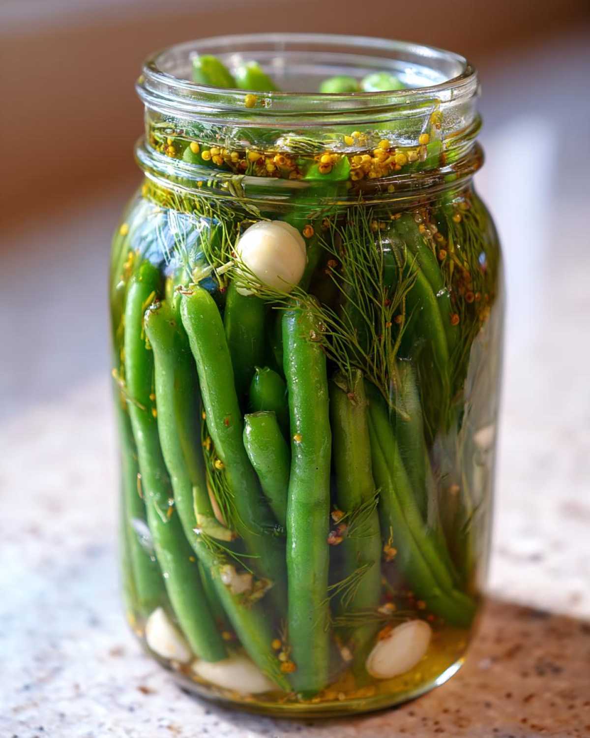 Close-up of fresh green beans packed tightly in a glass jar with dill, garlic, and mustard seeds for making dilly beans.
