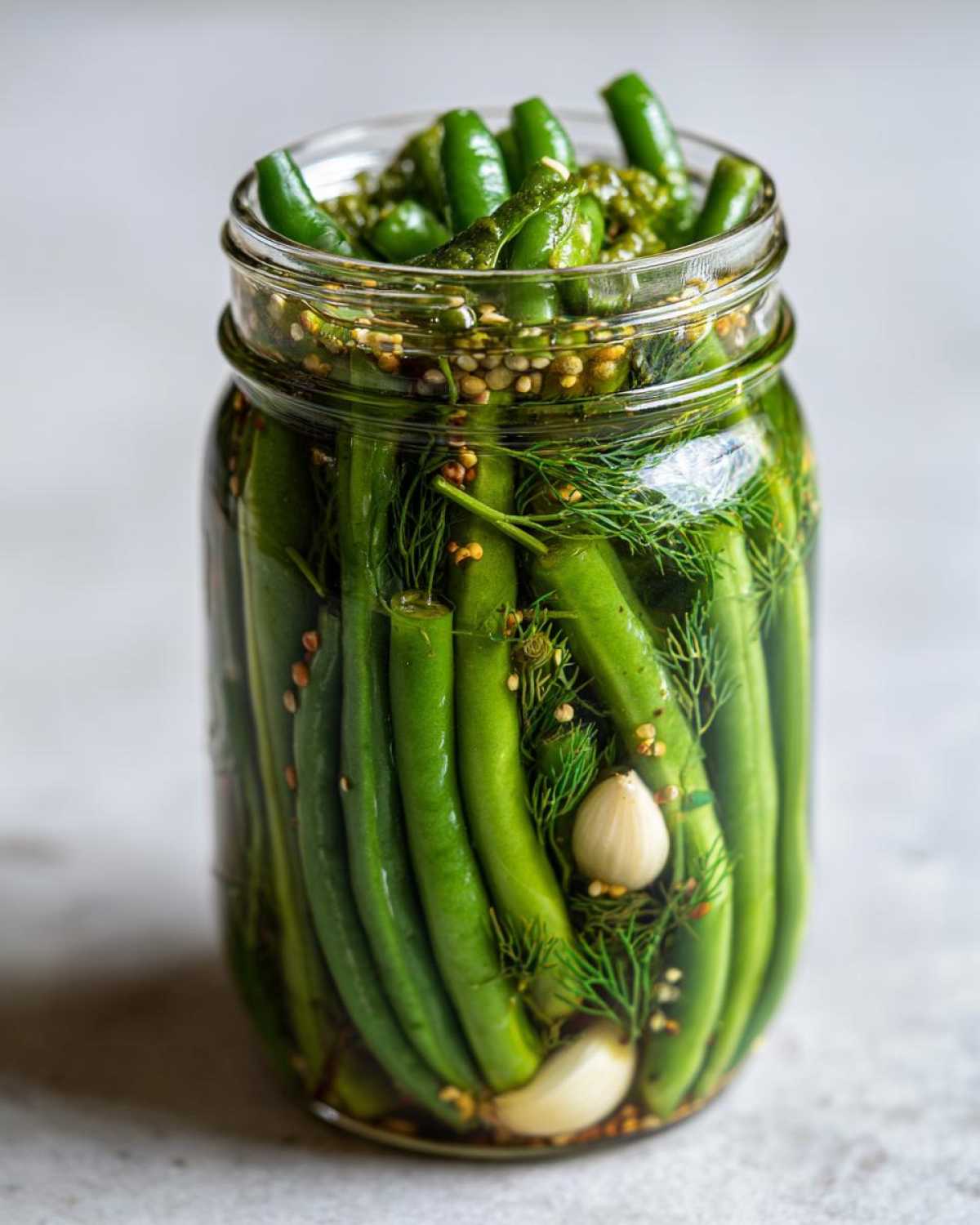 Close-up of fresh green beans packed tightly in a glass jar for making dilly beans with dill and garlic cloves.