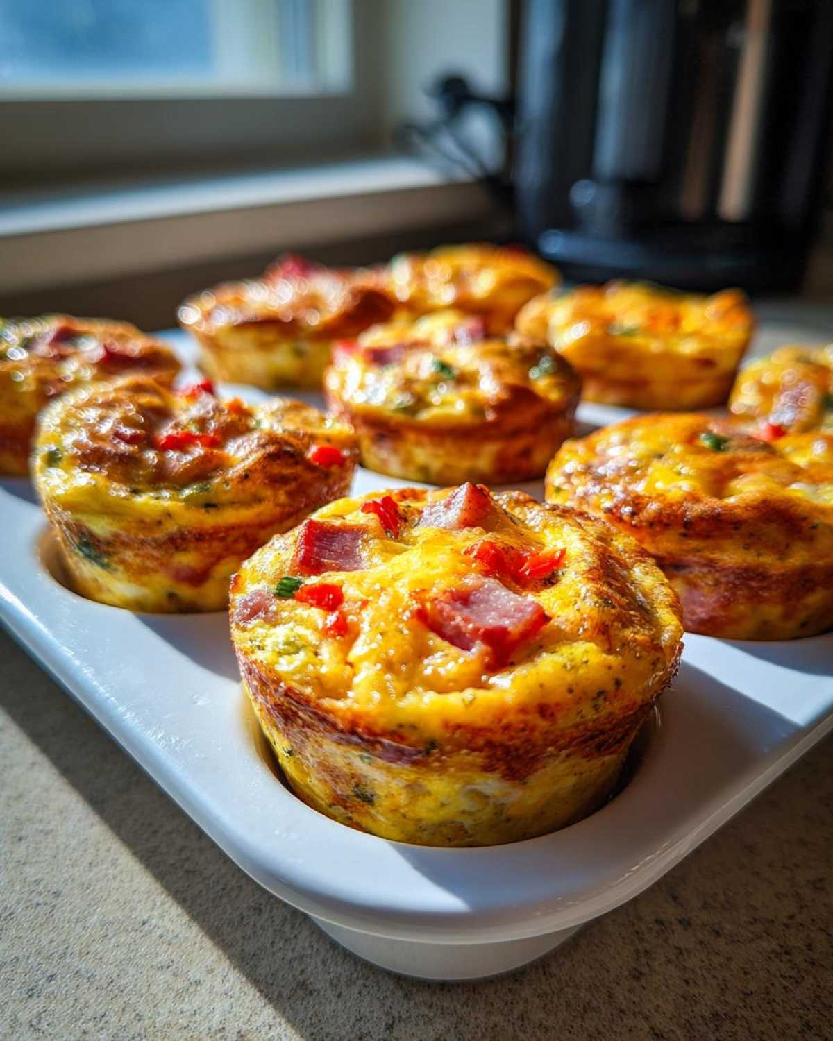 Close-up of golden-brown Egg Muffin Cups topped with ham and peppers in a white baking tray.