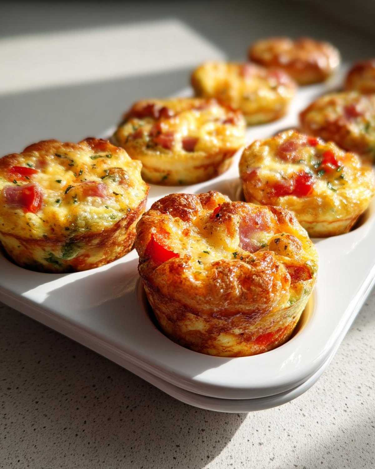Close-up of golden brown Egg Muffin Cups filled with ham and peppers, resting in a white muffin tin.
