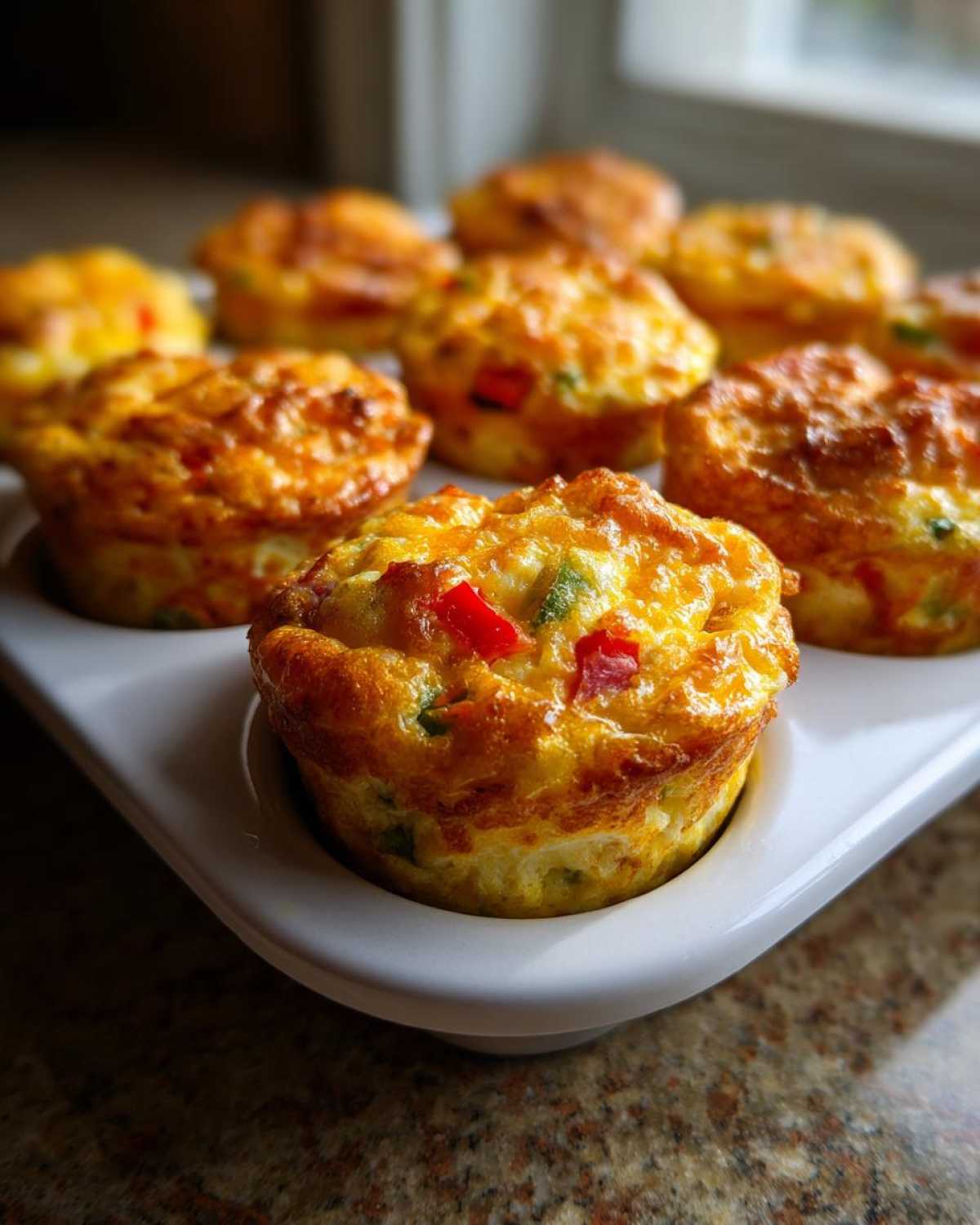 Close-up of golden brown Egg Muffin Cups filled with colorful peppers in a white ceramic muffin tray.