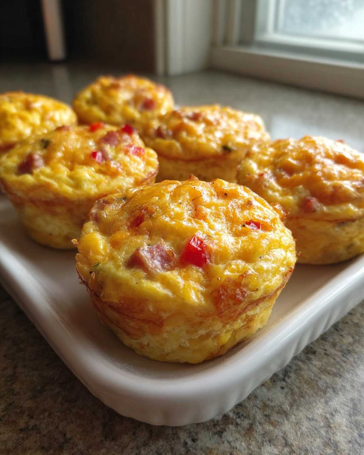 Close-up of several golden-brown Egg Muffin Cups topped with melted cheese and visible bits of red pepper.