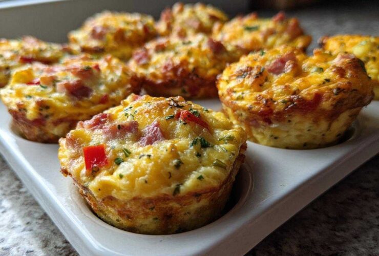 Close-up of several golden brown Egg Muffin Cups filled with ham and red peppers, resting in a white baking tray.