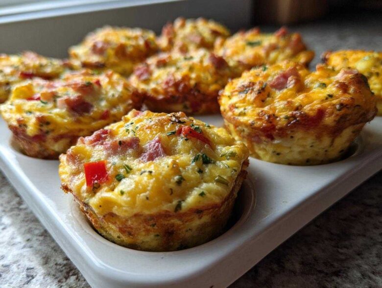 Close-up of several golden brown Egg Muffin Cups filled with ham and red peppers, resting in a white baking tray.