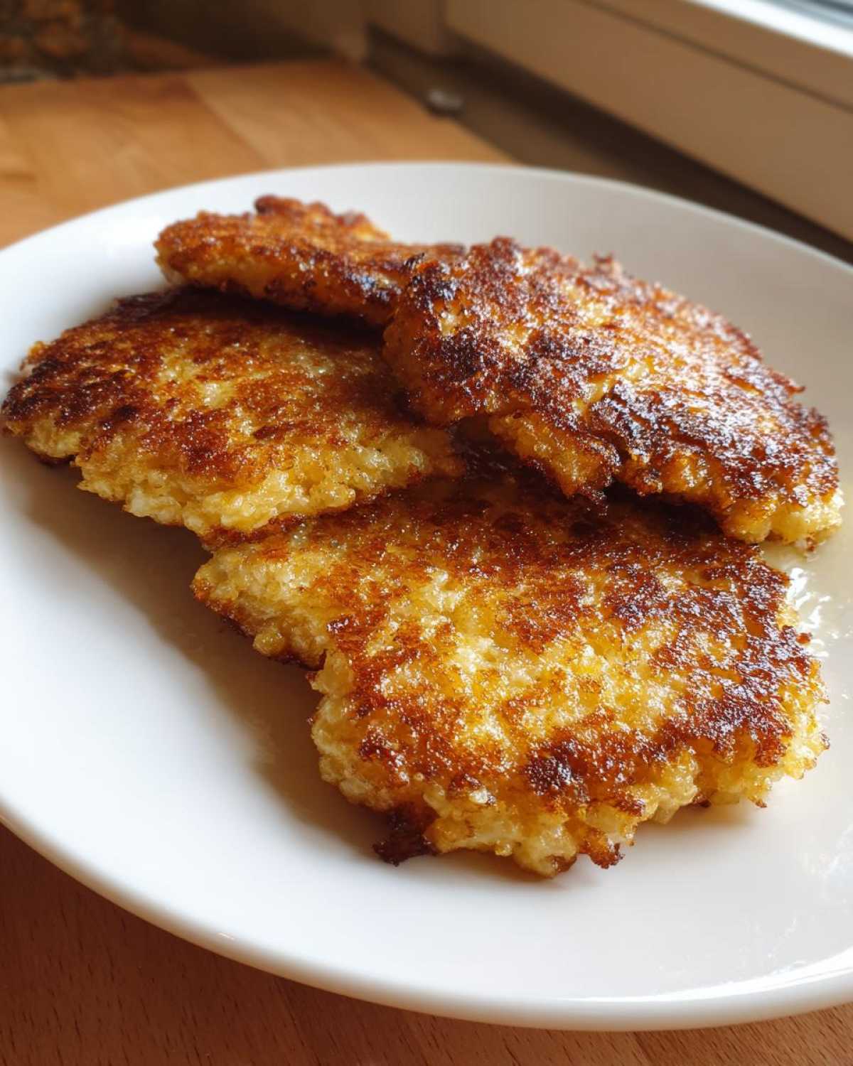 Four golden brown, crispy fried cornbread patties stacked slightly on a white plate.