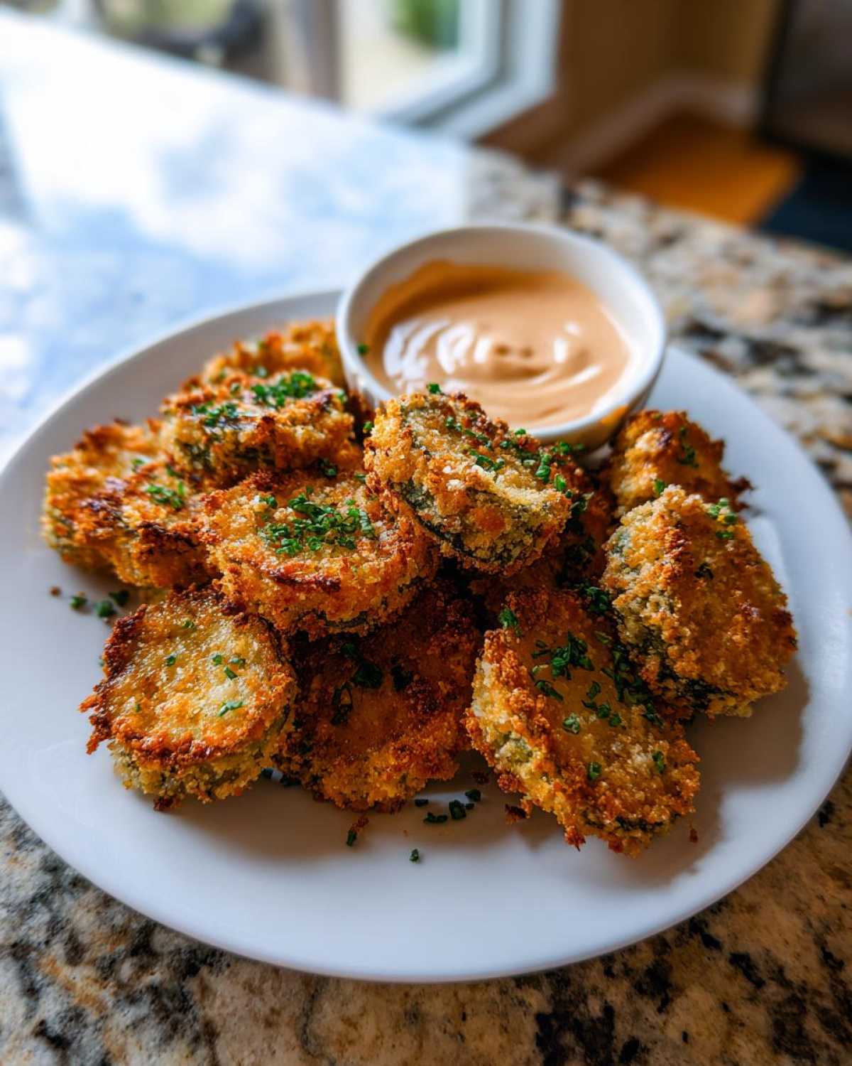 A plate piled high with crispy, golden brown Fried Pickles, garnished with parsley, next to a small bowl of creamy dipping sauce.