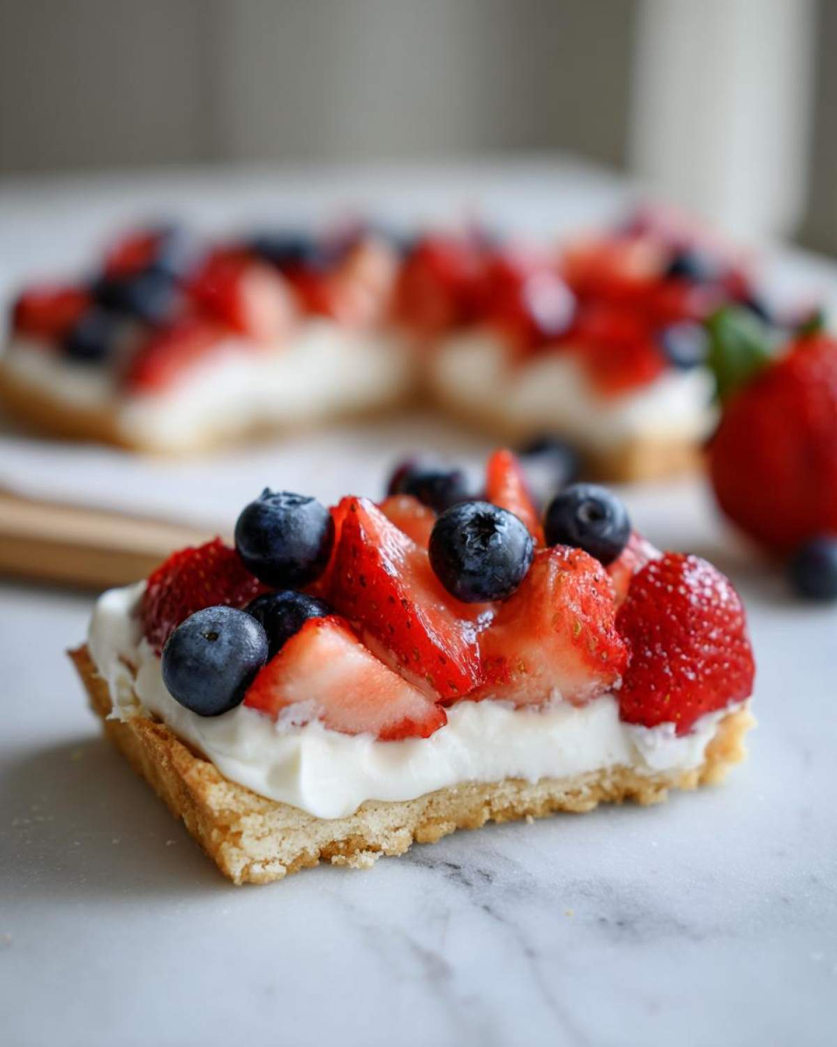 Close-up of a slice of fruit pizza sugar cookie topped with cream cheese frosting, strawberries, and blueberries.