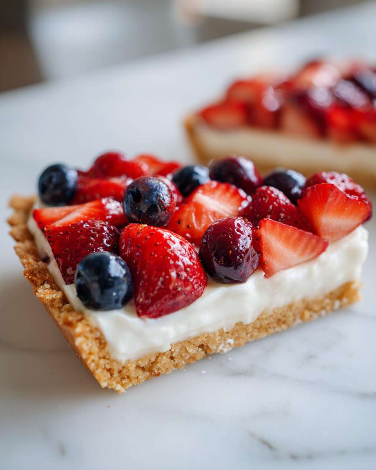 Close-up of a slice of fruit pizza sugar cookie topped with cream cheese frosting, strawberries, and blueberries.