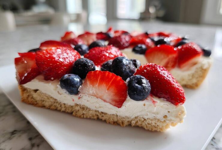 A close-up slice of fruit pizza sugar cookie topped with cream cheese frosting, strawberries, and blueberries.