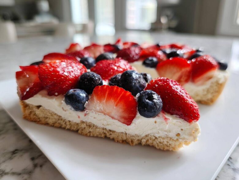 A close-up slice of fruit pizza sugar cookie topped with cream cheese frosting, strawberries, and blueberries.