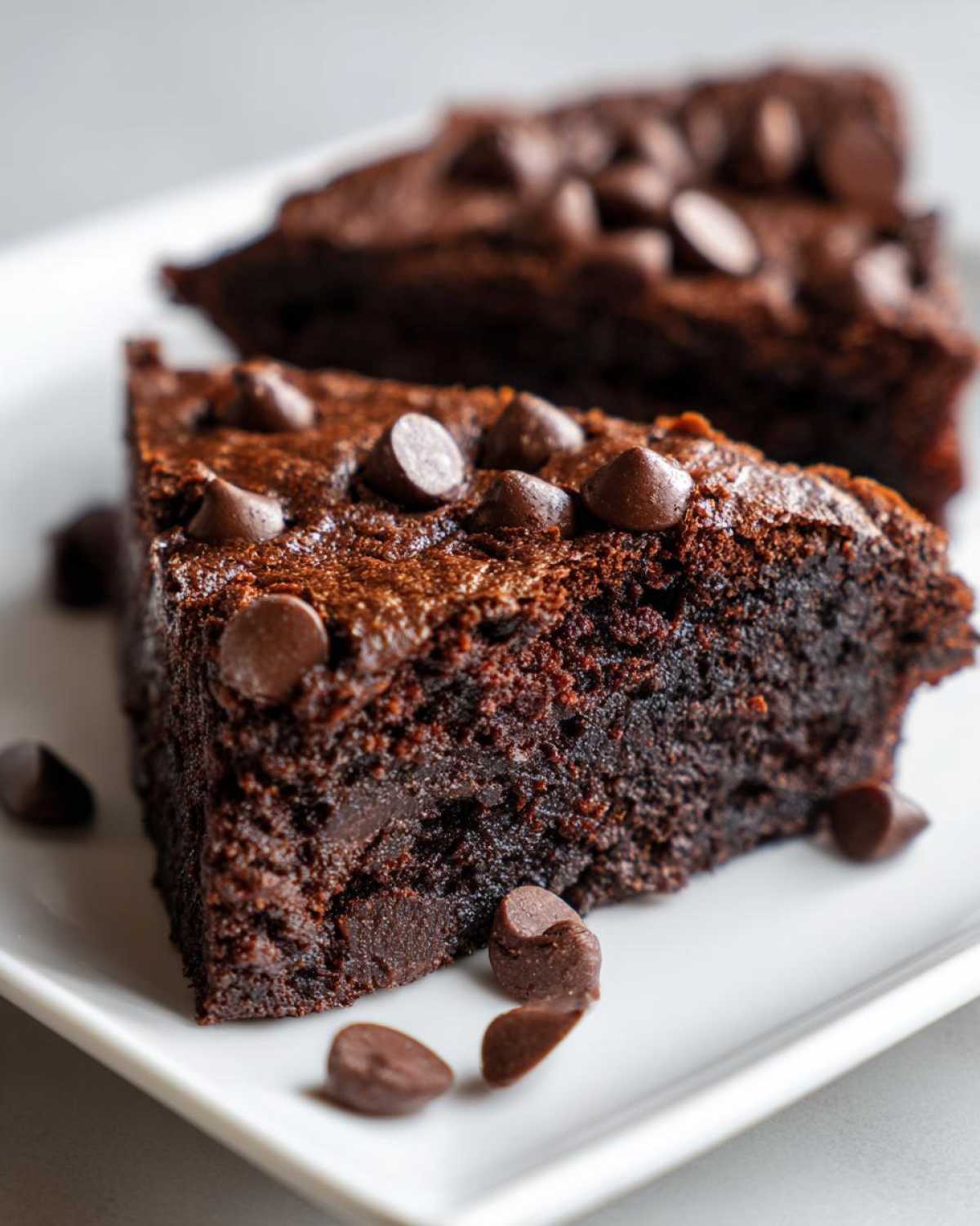 Close-up of two fudgy slices of black bean brownies topped with chocolate chips on a white plate.