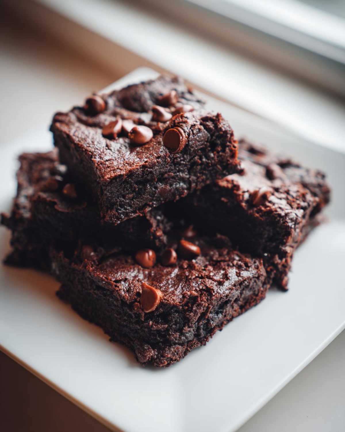 A stack of rich, fudgy black bean brownies topped with chocolate chips, resting on a white plate.