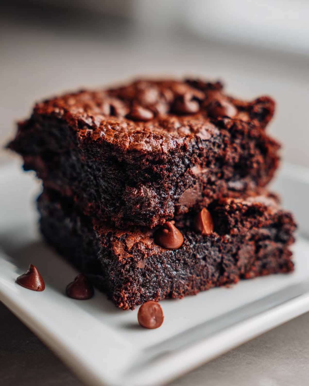 Two fudgy, dark chocolate black bean brownies stacked on a white plate with scattered chocolate chips.