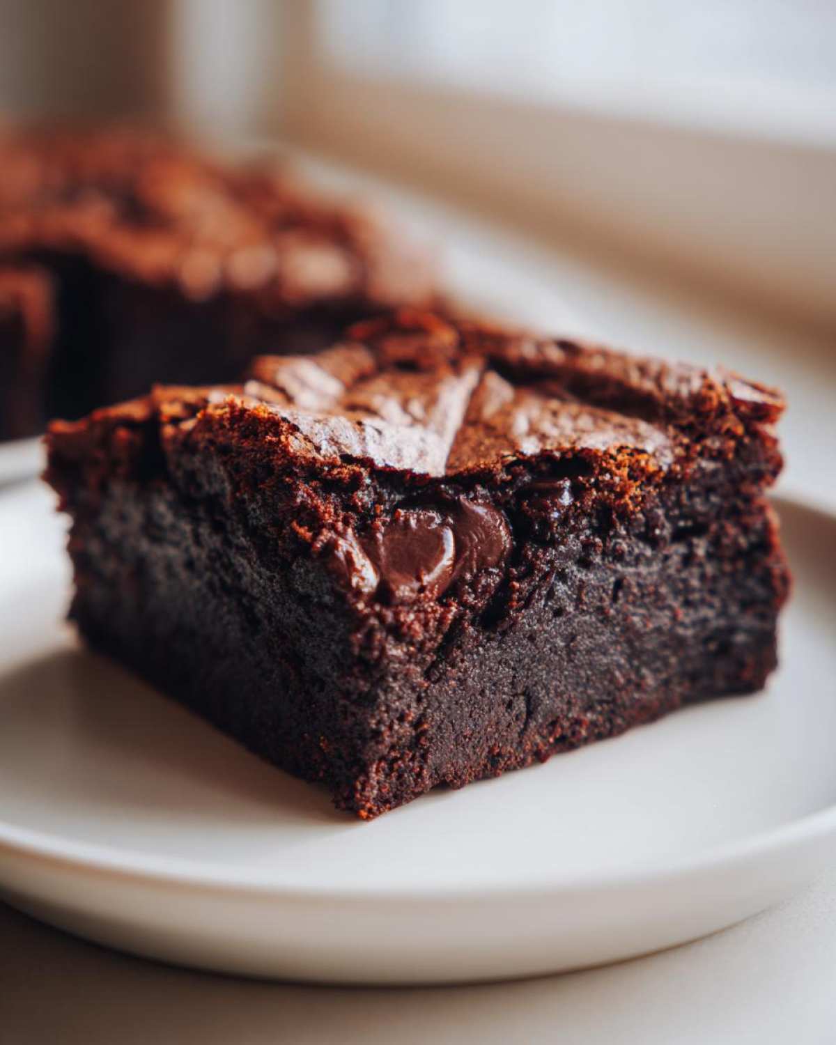 A close-up of a rich, fudgy square of sweet potato brownies with a visible melted chocolate chip on top.