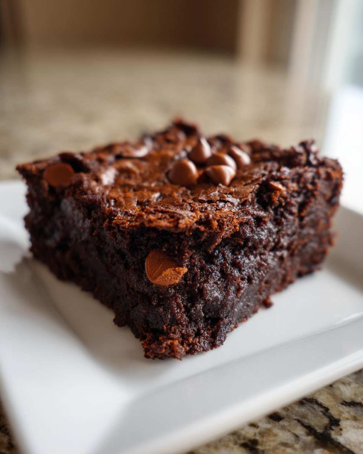 A close-up of a rich, fudgy square of sweet potato brownies topped with melted chocolate chips.