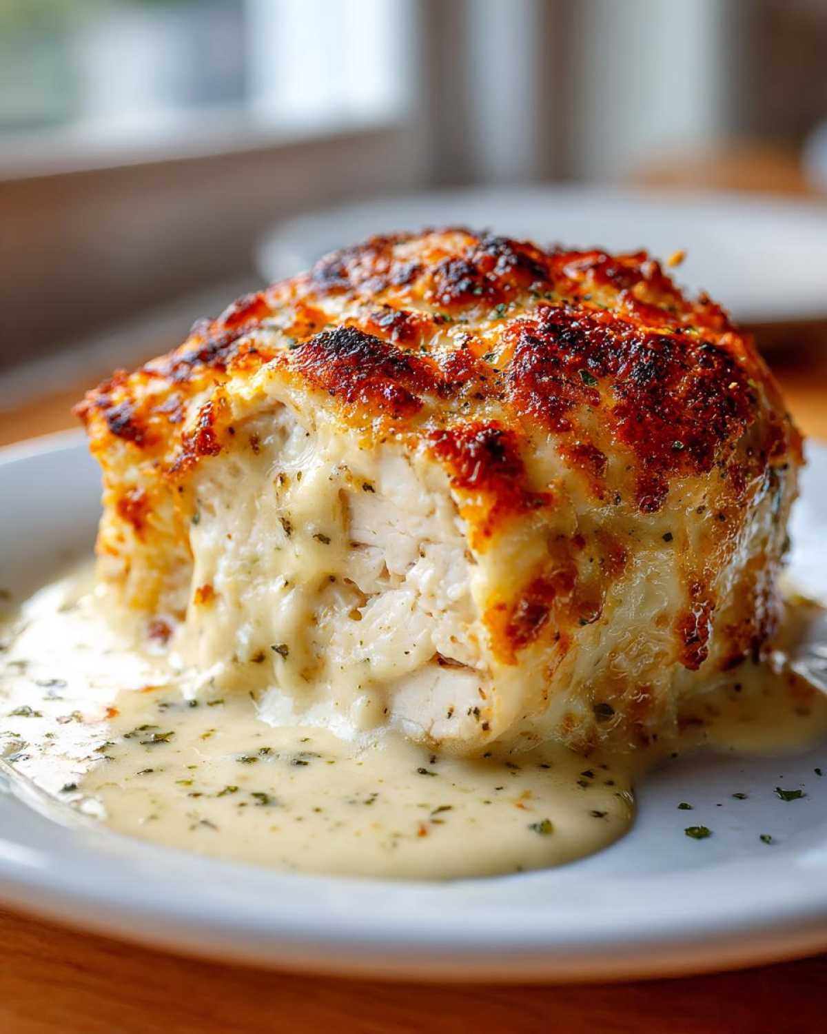A close-up of a serving of Garlic parmesan chicken bake, showing moist white chicken covered in creamy sauce and browned cheese topping.