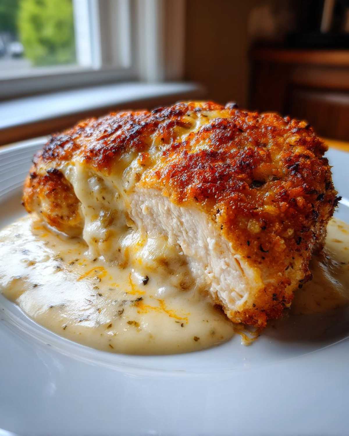 Close-up of a Garlic parmesan chicken bake, showing the crispy crust and juicy interior with melted cheese sauce.