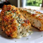 Close-up of Garlic parmesan chicken bake, showing a crispy, golden crust and creamy sauce oozing out of the sliced chicken breast.