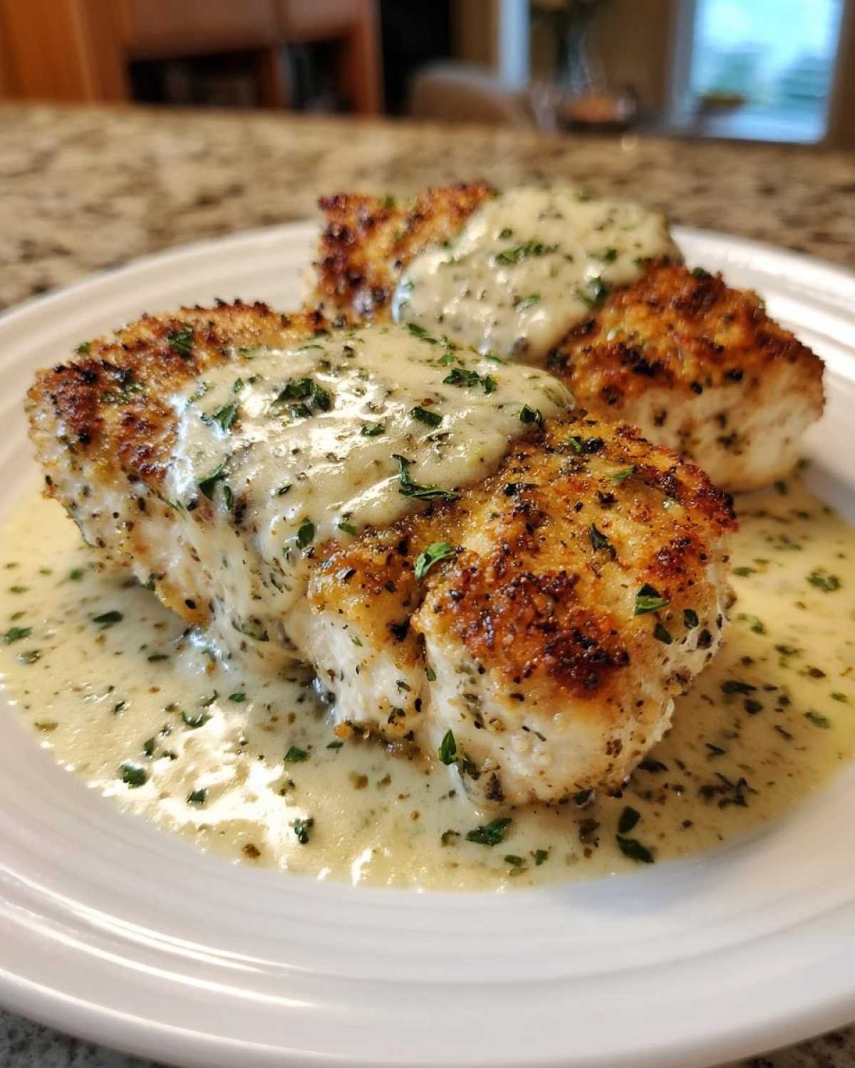 Three pieces of golden-brown Garlic Parmesan Chicken Bake topped with a creamy sauce and fresh parsley.
