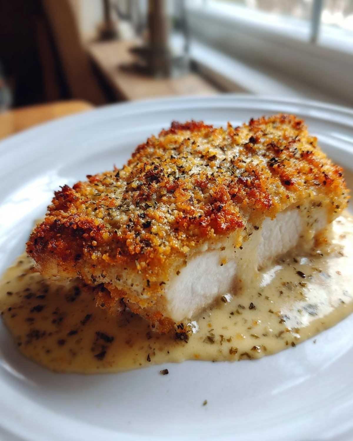 Close-up of a perfectly cooked slice of Garlic parmesan chicken bake with a golden crust resting in creamy sauce.