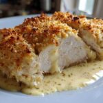 Cross-section of a crispy Garlic parmesan chicken bake smothered in creamy sauce.