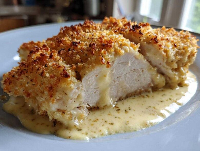 Cross-section of a crispy Garlic parmesan chicken bake smothered in creamy sauce.