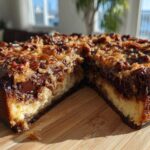 A close-up of a decadent german chocolate cheesecake with a slice removed, showing layers of crust, cream cheese, and coconut-pecan topping.