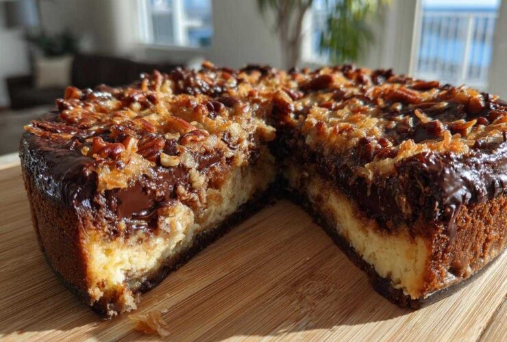 A close-up of a decadent german chocolate cheesecake with a slice removed, showing layers of crust, cream cheese, and coconut-pecan topping.