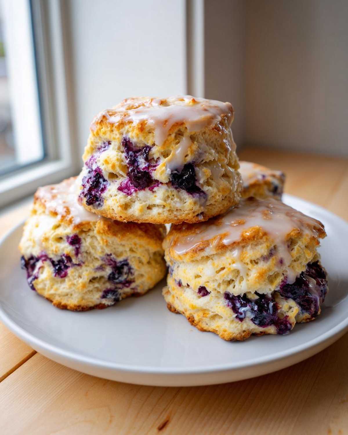 A stack of three fluffy blueberry scones topped with a sweet glaze, showcasing visible blueberries inside.