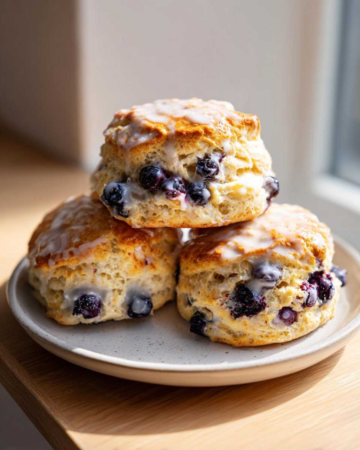 Three freshly baked blueberry scones stacked on a plate, drizzled with white glaze.