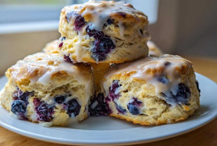 A stack of three freshly baked blueberry scones topped with a sweet white glaze.