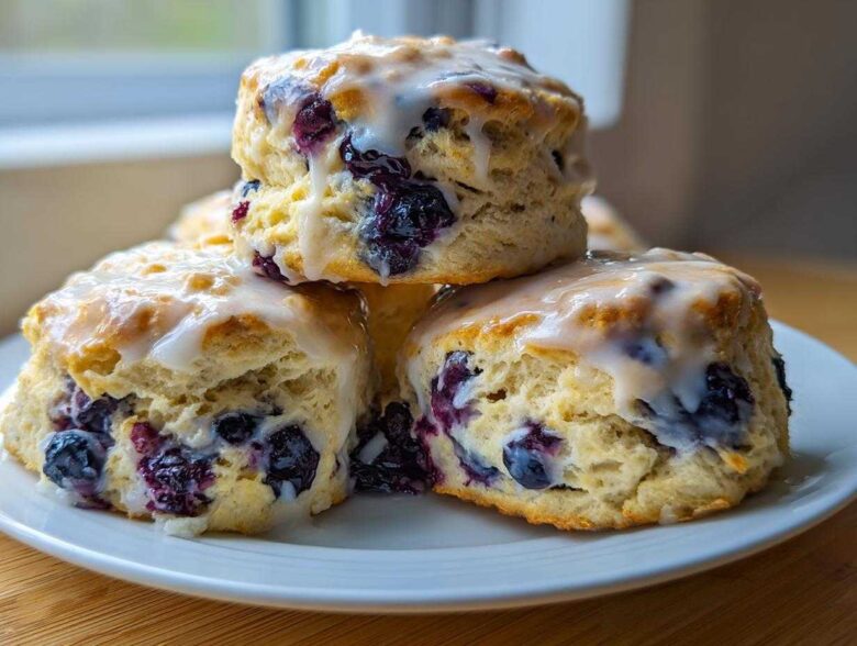 A stack of three freshly baked blueberry scones topped with a sweet white glaze.