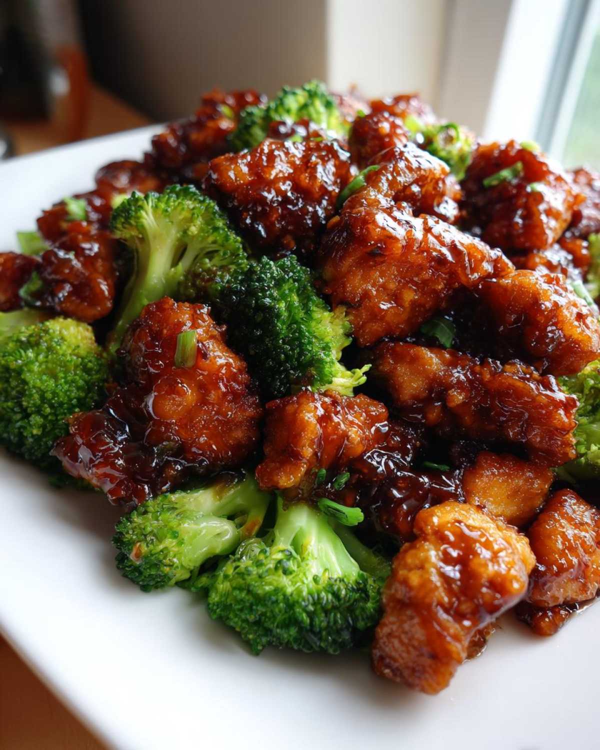 Close-up of saucy, glazed chicken pieces mixed with bright green broccoli florets, a perfect chicken and broccoli meal.